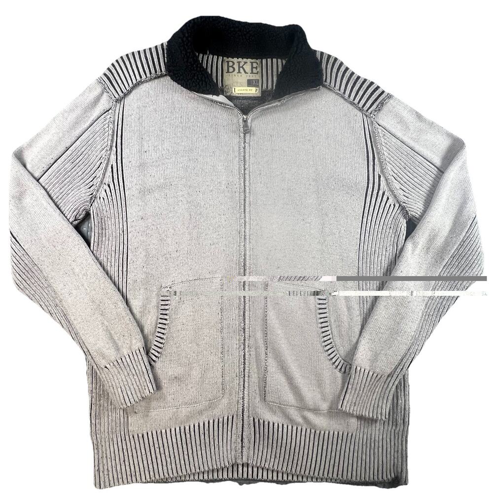BKE Men’s XL Athletic Fit Zip Front Knit Sweater Jacket Gray Fleece Collar